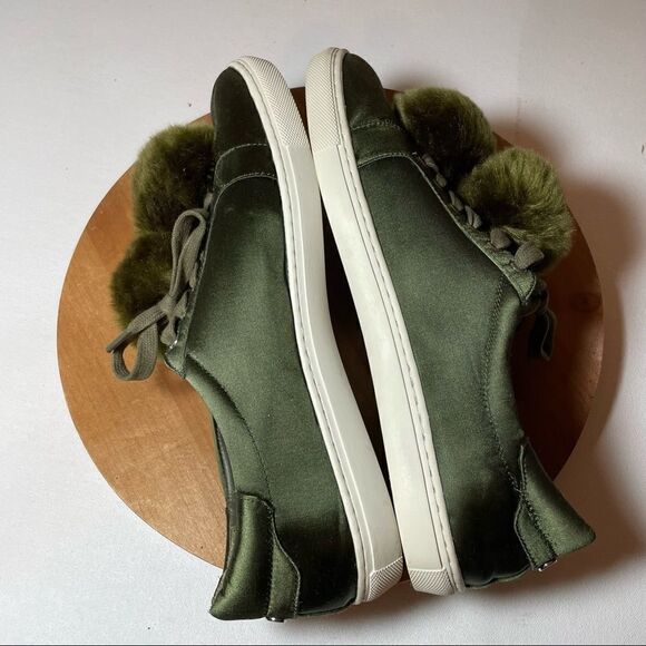 JSlides Olive green satiny Pom Pom slip ons - Picture 5 of 11
